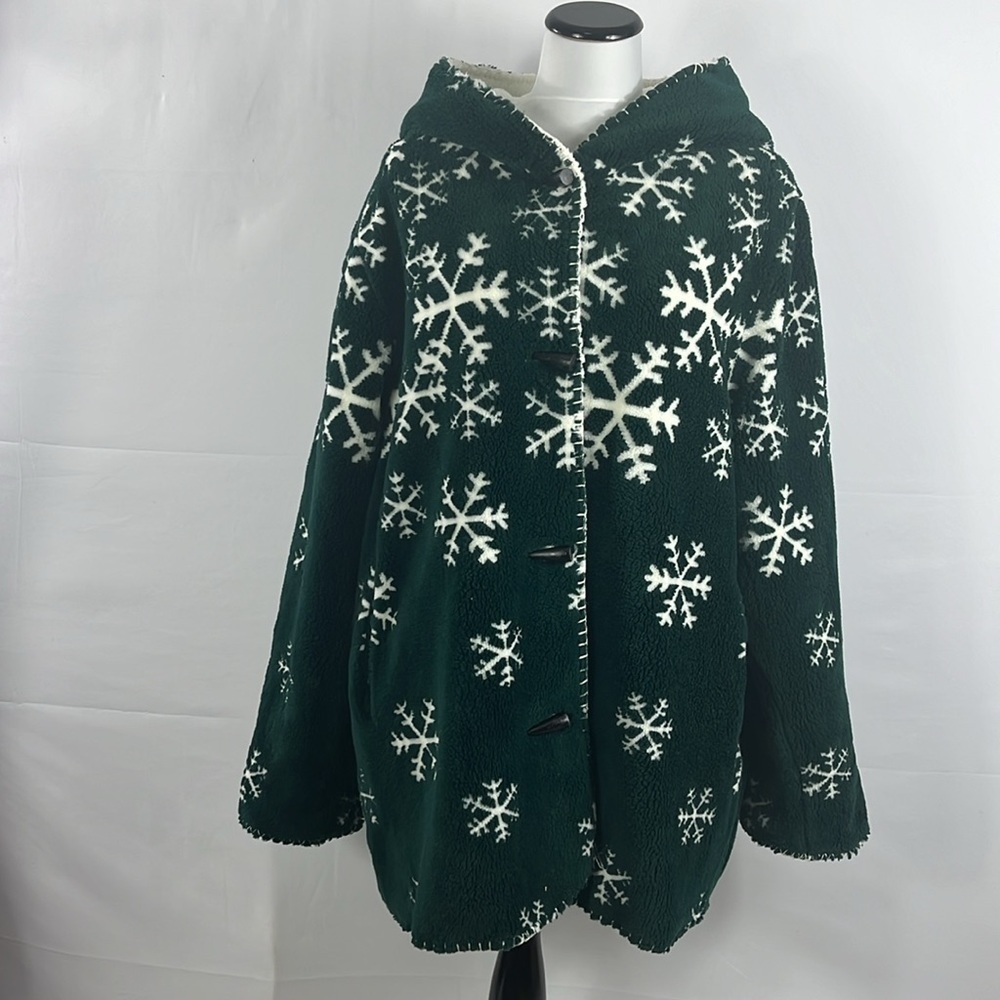 Vintage Nordic Lights Snowflake Green/White Fleece Hooded Reversible Jacket XXL - Picture 2 of 15